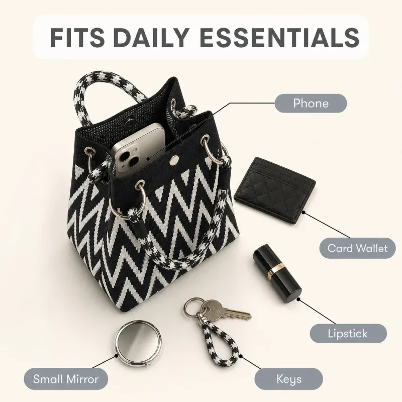 mini sac fourre-tout géométrique pour femme, noir et ivoire, sac à main graphique avec poignée anneau, sac compact pour tenues de style coréen