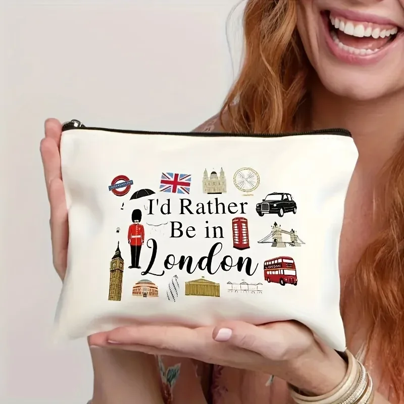 sac à cosmétiques imprimé london, trousse de maquillage légère à fermeture éclair, sac sur le thème de la culture de voyage mignon, pochette de rangement de maquillage de voyage
