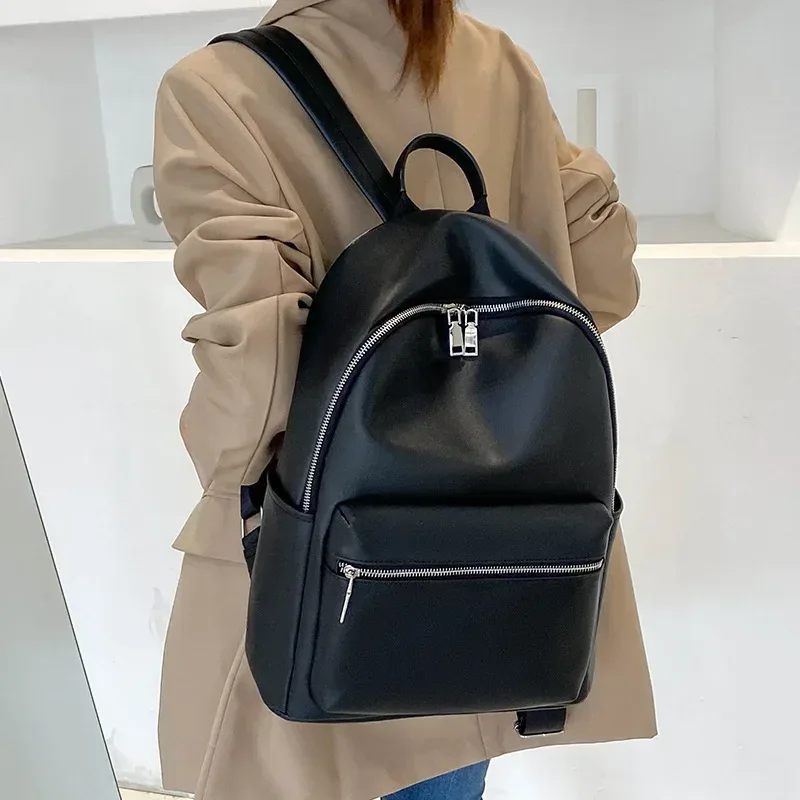 sac à dos en cuir pu noir de grande capacité pour femme, sacoche d'université, de voyage, pour fille
