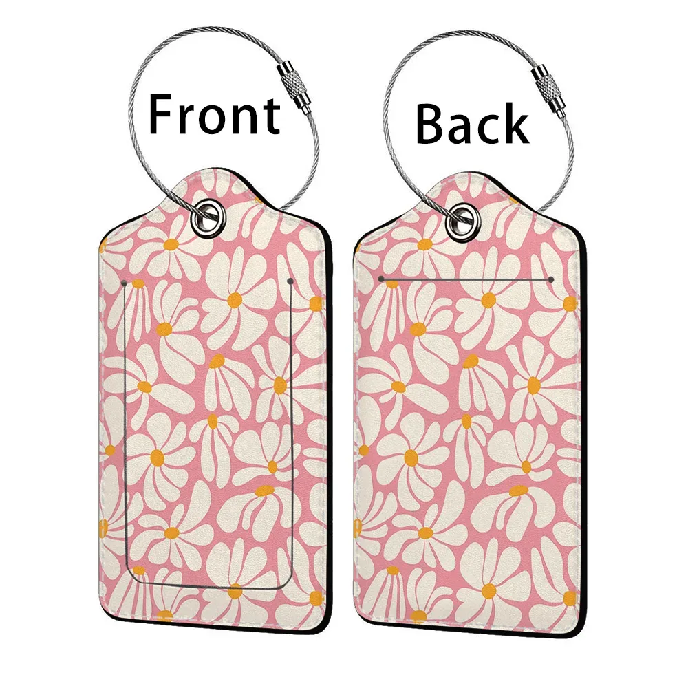étiquette bagage polyuréthane motif floral subtil fond beige anneau métallique voyage affaires identification nom adresse