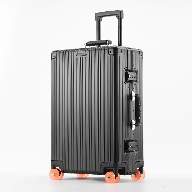 valise aluminium argenté roulettes oranges toupies ergonomiques poignées verticales voyage affaires élégante robuste durables