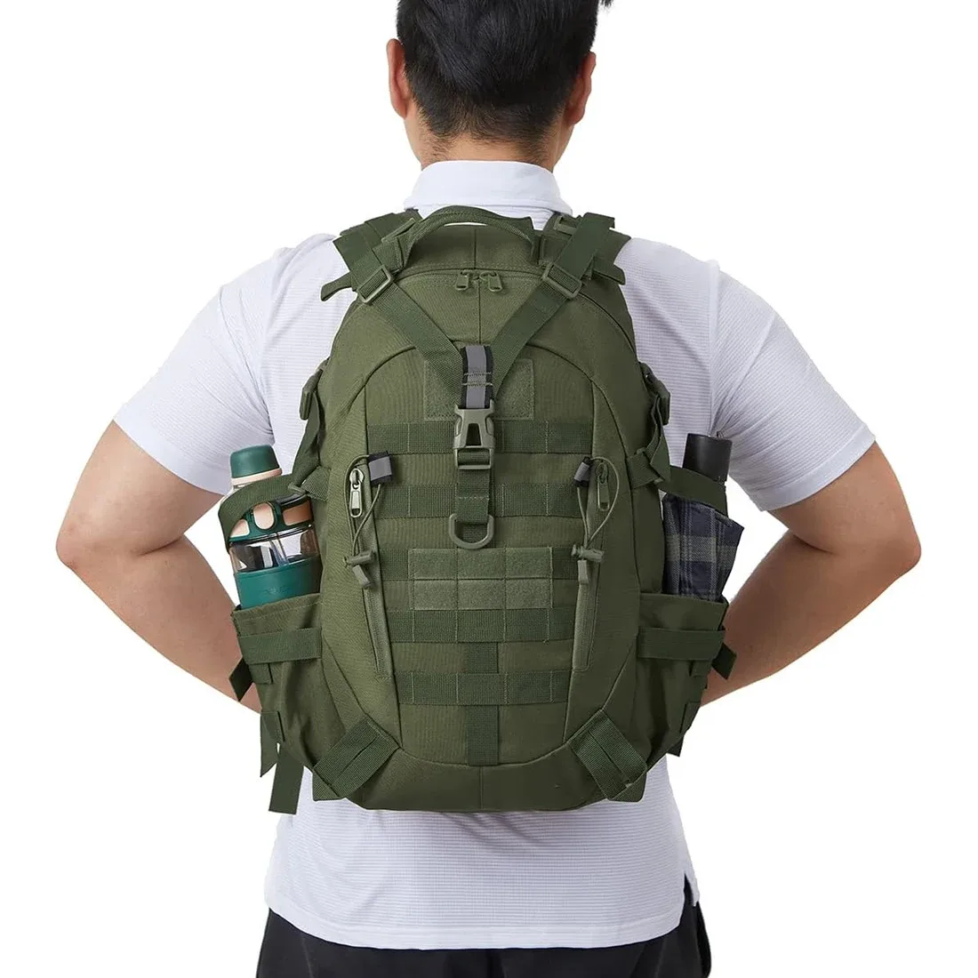 sac dos polyester vert olive poches latérales molle ceinture air sangles ajustables survie camping randonnée plein air