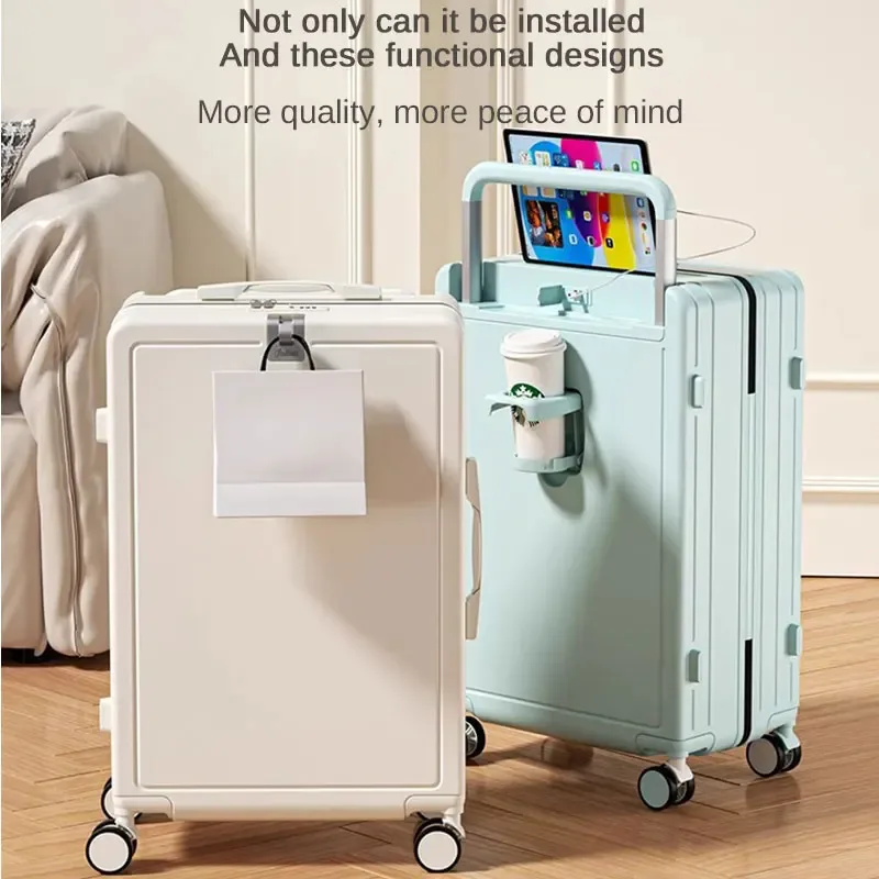 valise multifonctionnelle à roulettes avec poignée large, fermeture éclair, porte-gobelet, port usb, 20 pouces, bagage à main pour voyage