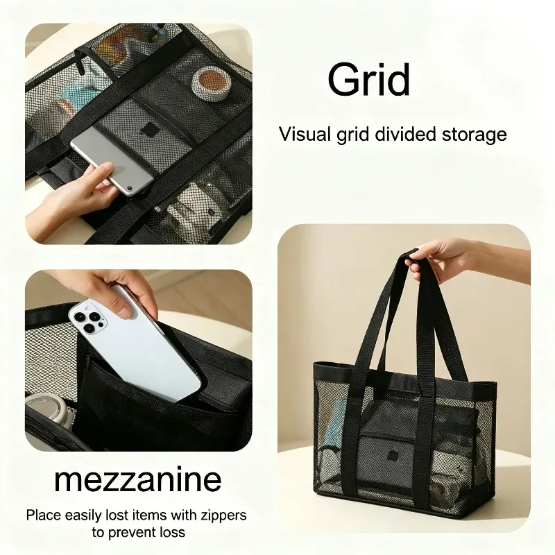 sac fourre-tout de plage grande capacité, sac à main en maille avec poches latérales de rangement, sac de transport portable pour les vacances en plein air et le quotidien