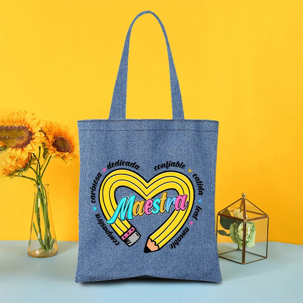 sac fourre-tout en denim peint pour enseignant arc-en-ciel, sacs de shopping pour femmes, sacs à main de voyage, fourre-tout pour la journée des enseignants, cadeaux de remerciement pour les enseignants