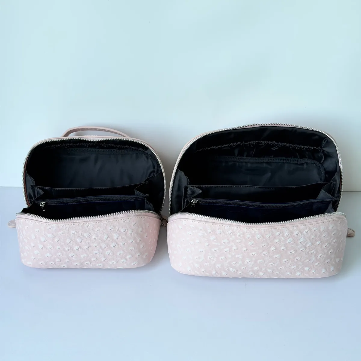 nouvelle trousse de maquillage de voyage portable en cuir véritable motif autruche rose flocon de neige, grande capacité, en cuir de vachette, luxe