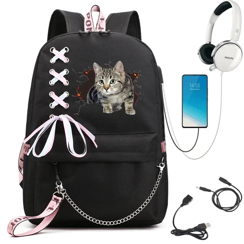 sac à dos imprimé chat kawaii pour femme, sac à dos scolaire noir, sac à dos pour adolescente, sac à dos mochila usb, mode