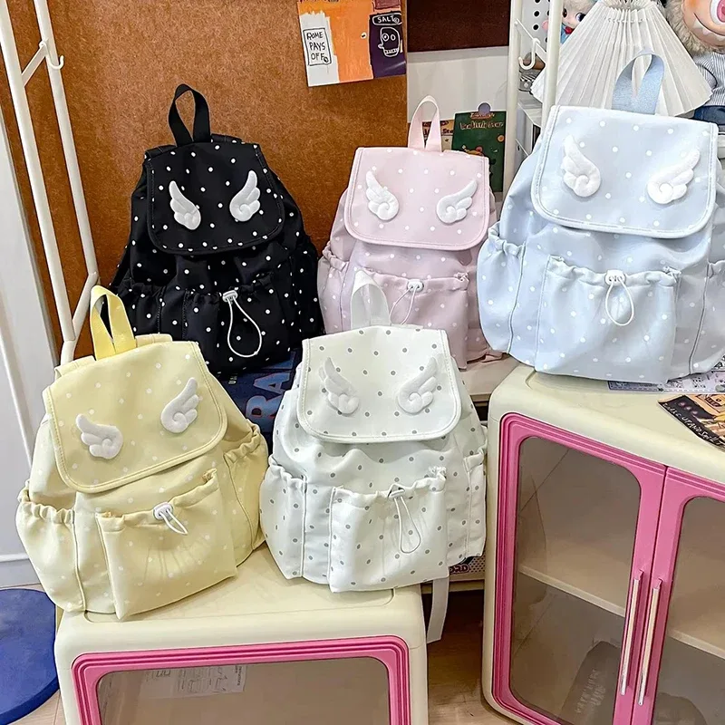sac à dos matelassé à pois ailes d'ange pour étudiants, sac d'école en nylon mignon et tendance, sac de voyage quotidien léger et spacieux