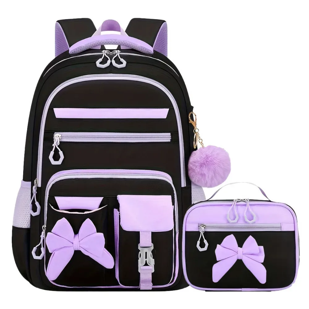 ensemble de 3 pièces : sac à dos, sac à déjeuner et trousse à crayons, en tissu oxford imperméable, avec nœud papillon, léger et grande capacité