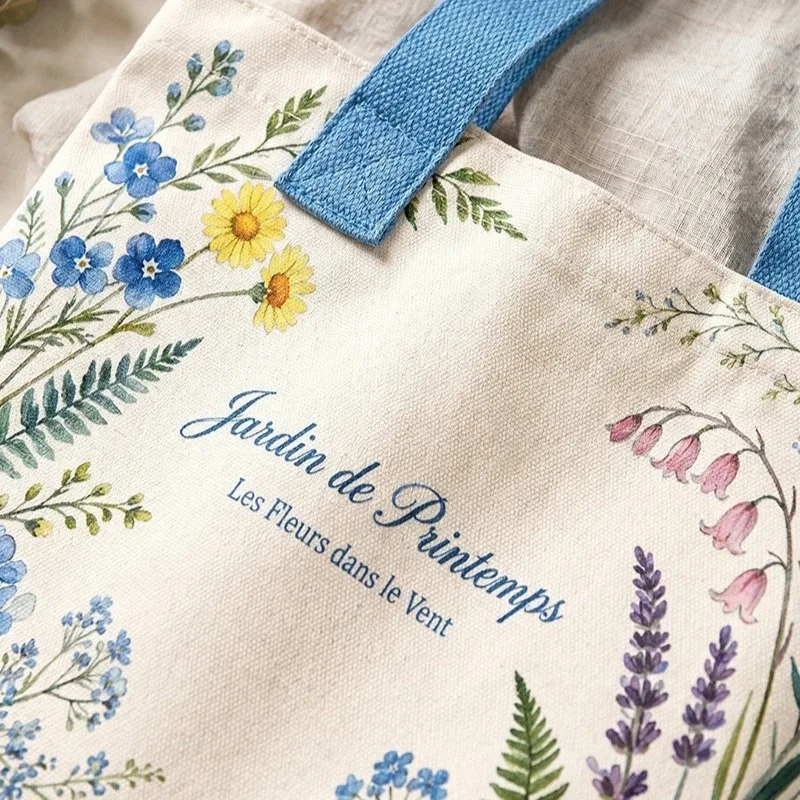 sac fourre-tout en toile à motif floral de jardin printanier français, sac à main botanique à fleurs sauvages, sac à main portable pour le shopping quotidien et le travail pour femmes
