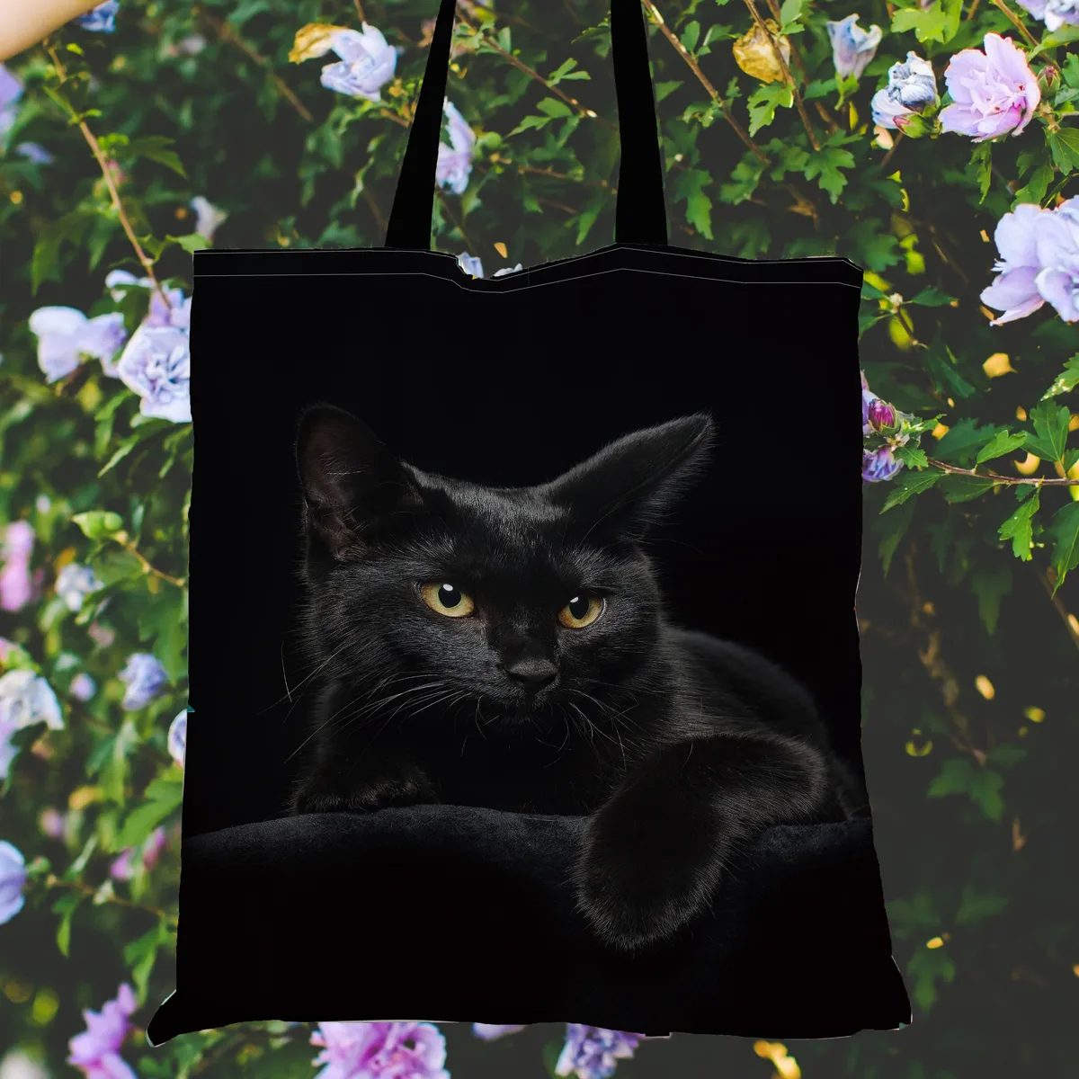 sac à main chat noir vibrant pour femmes, fourre-tout en tissu de lin, sacs à bandoulière pour femmes, sacs de shopping écologiques pliables et réutilisables