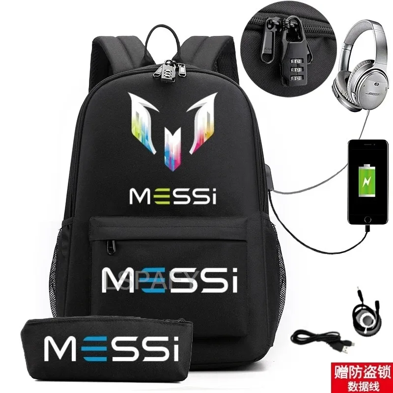 sac à dos messi tendance (lot de 2) – anti-vol, unisexe, simple, pour ordinateur portable, avec port usb, grande capacité, idéal pour les voyages, l'école, les garçons et les filles