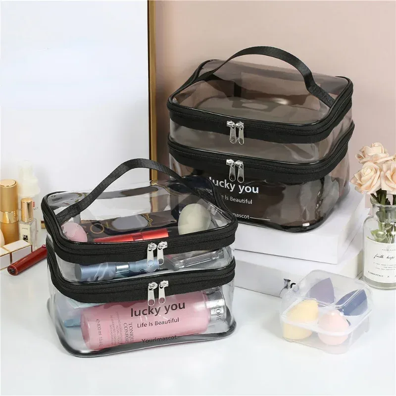 trousse de maquillage transparente en pvc pour femme, trousse de toilette étanche, trousse de maquillage de voyage, trousse de rangement de lavage de beauté, trousse de maquillage à fermeture éclair