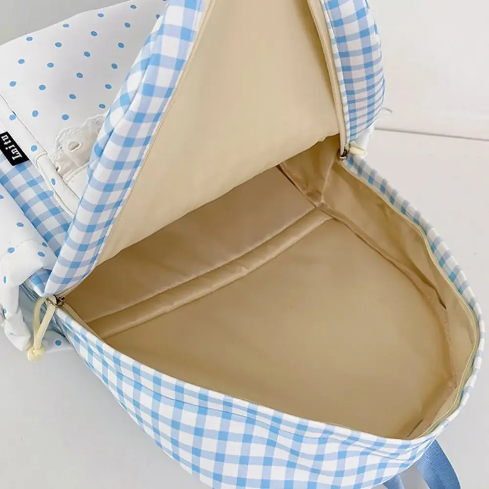 sac à dos tendance à pois, avec nœud, minimaliste, léger, grande capacité, bordure en dentelle, idéal pour les trajets quotidiens.