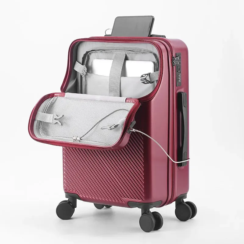 valise multifonctionnelle à ouverture frontale avec fermeture éclair, porte-gobelet, support latéral et crochet de maintien, bagage à roulettes