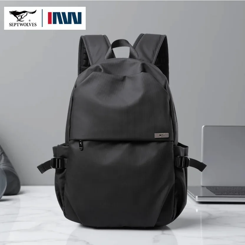 septwolves noir grande capacité 16 pouces sac à dos pour ordinateur portable homme femmes loisirs affaires imperméable pvc cuir sac d'école sac à dos