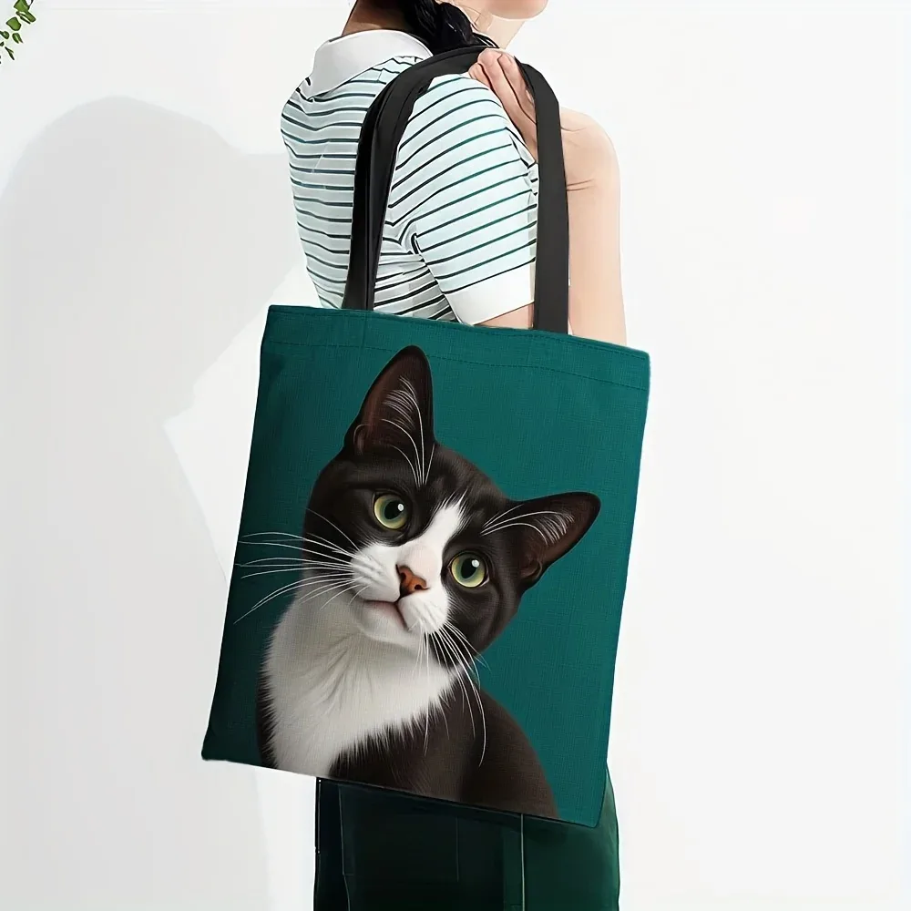 sac fourre-tout grande capacité motif chat tuxedo, réutilisable et durable, sac à bandoulière noir et blanc à rayures, motif chat sur fond turquoise