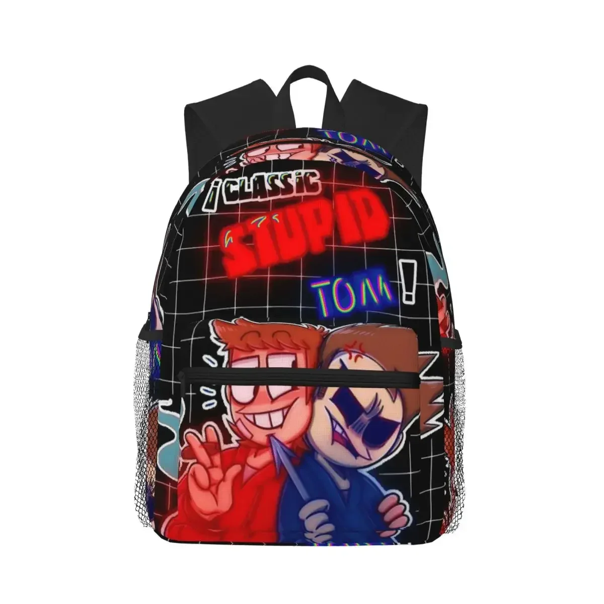 sac dos polyester rouge motif personnages animaux poignées noires poches latérales filet noir forme rectangulaire capacité 20 35 litres usage étudiant scolaire randonnée voyage