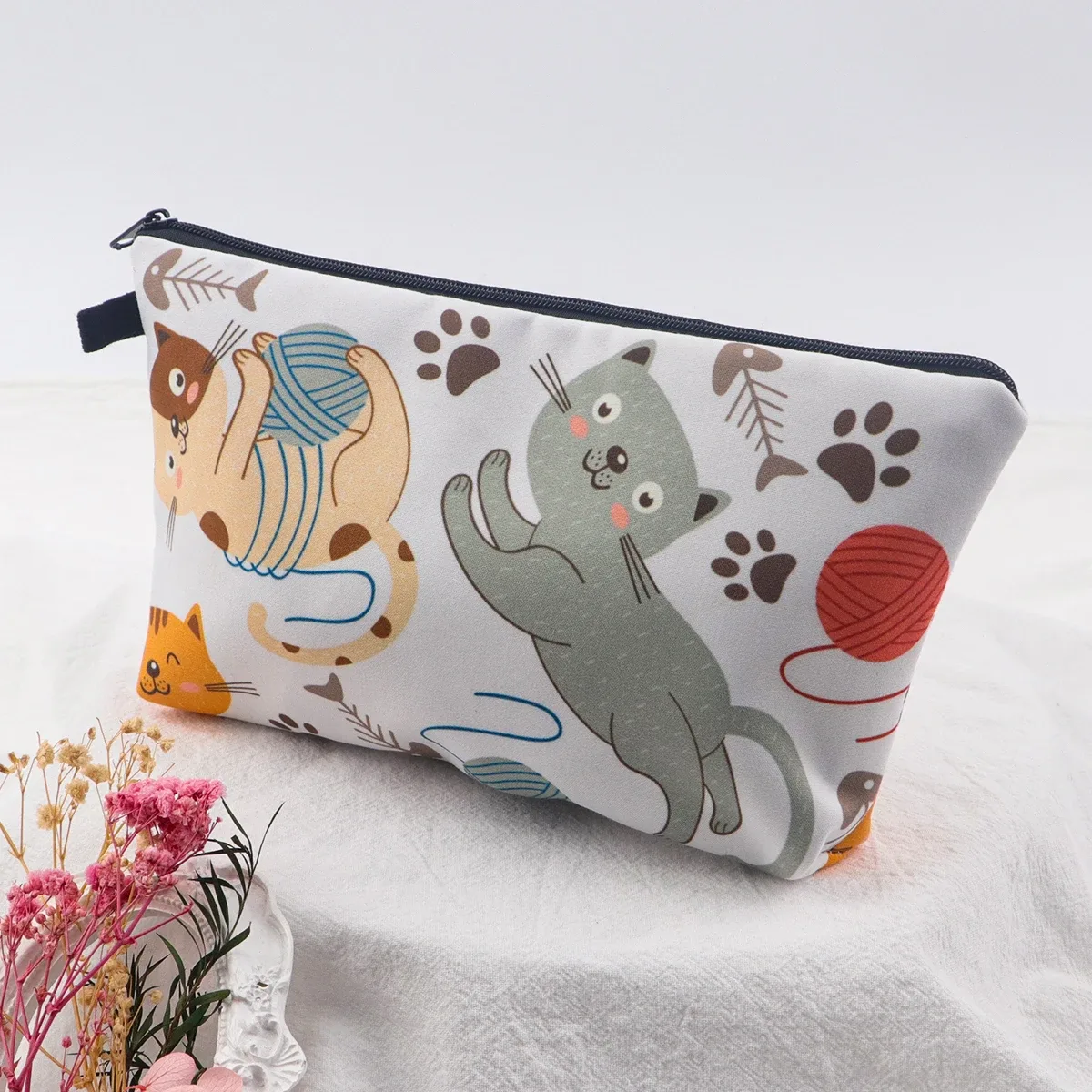 sac de rangement de voyage pour femmes, sac à cosmétiques, trousse de maquillage, trousse de maquillage, trousse de rouge à lèvres à fermeture éclair imprimée, chat mignon