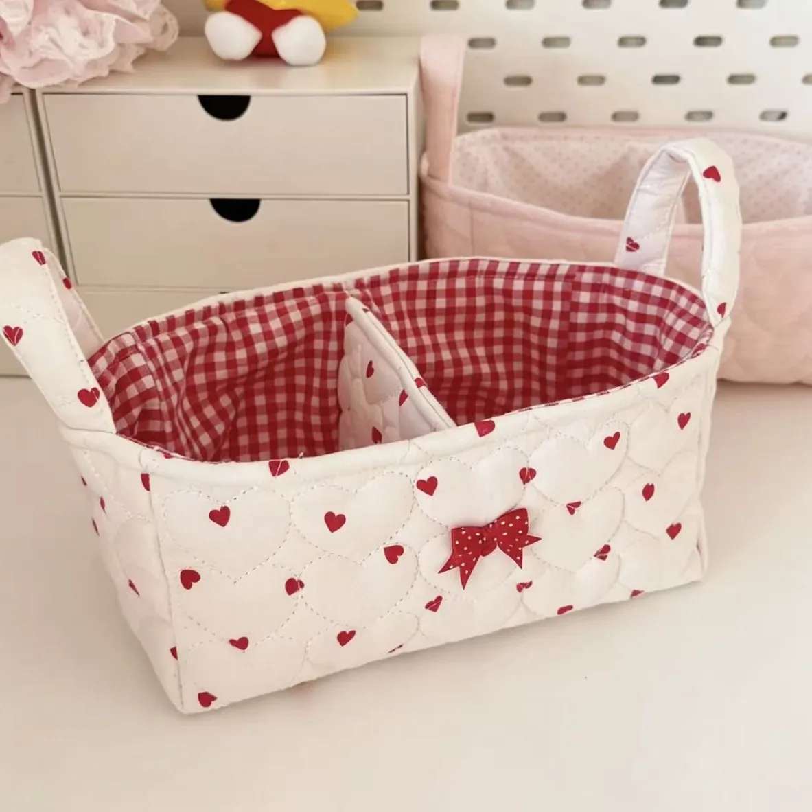 nouveau panier de rangement superposé en coton tressé, style ins, pour décoration de bureau et organisateur de cosmétiques, motif 'cœur de fille'
