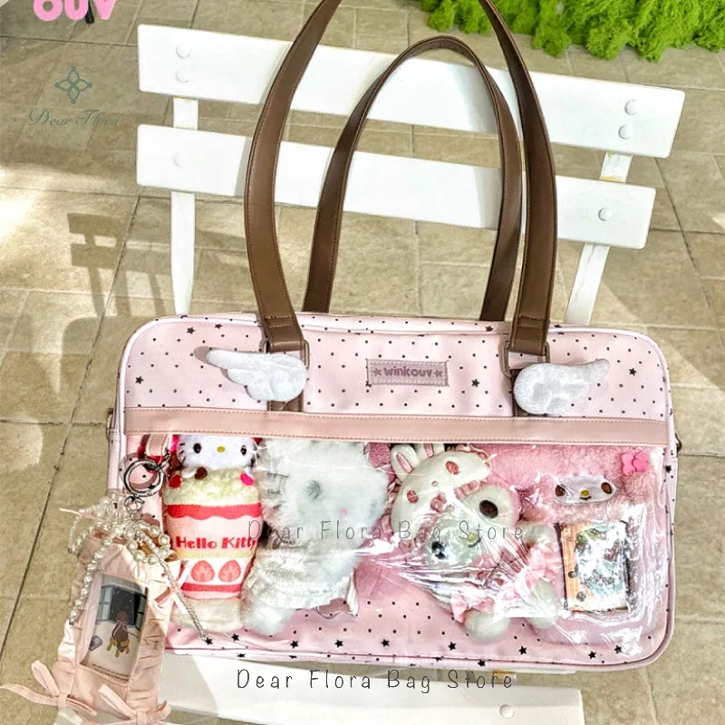 nouveau mignon grande capacité dentelle ita sac lolita filles poche transparente y2k bricolage badge affichage sac à bandoulière décontracté à pois sac à main