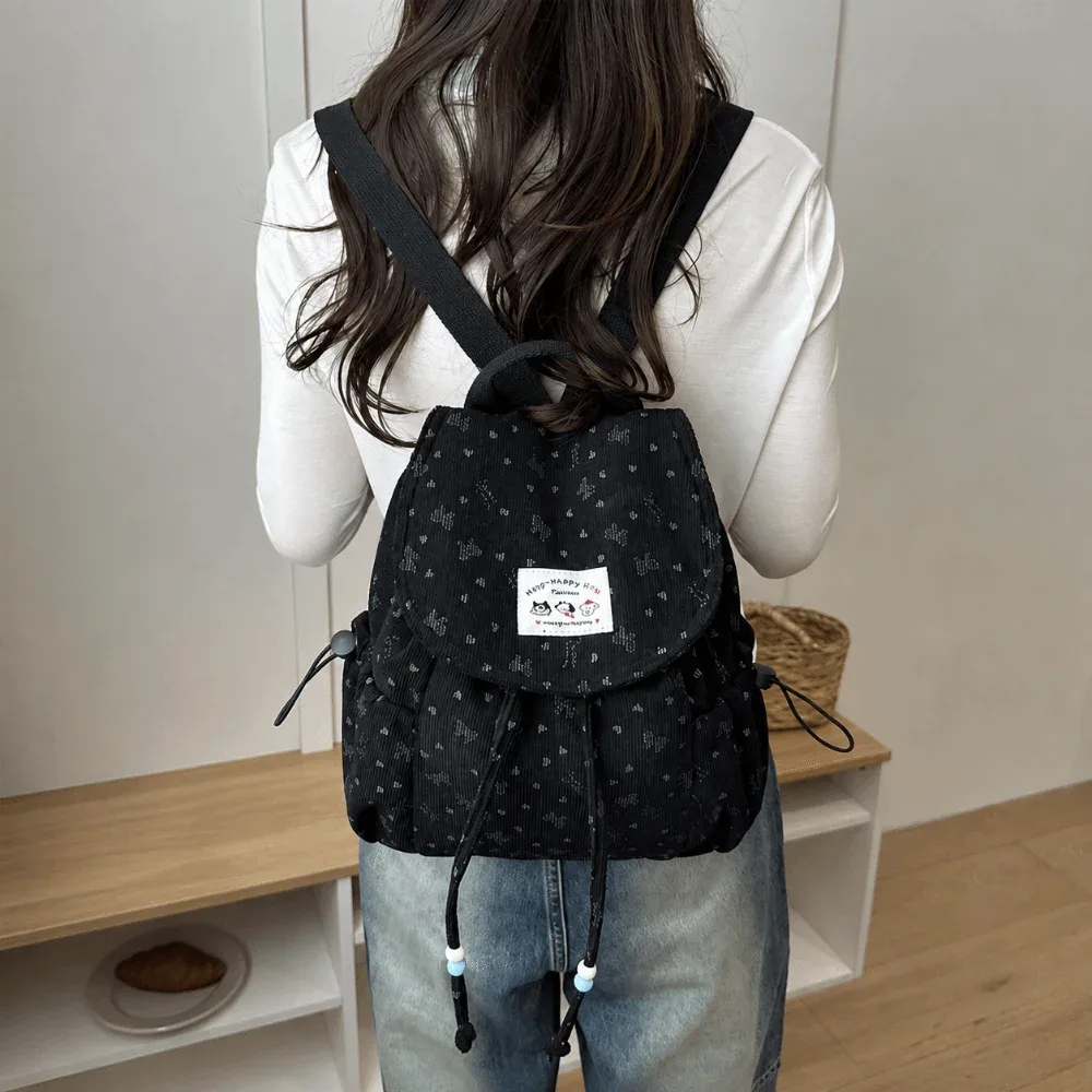 sac à dos léger en velours côtelé à imprimé nœud papillon, grande capacité, design simple, sac à dos à cordon, polyvalent, décontracté, pour les trajets quotidiens