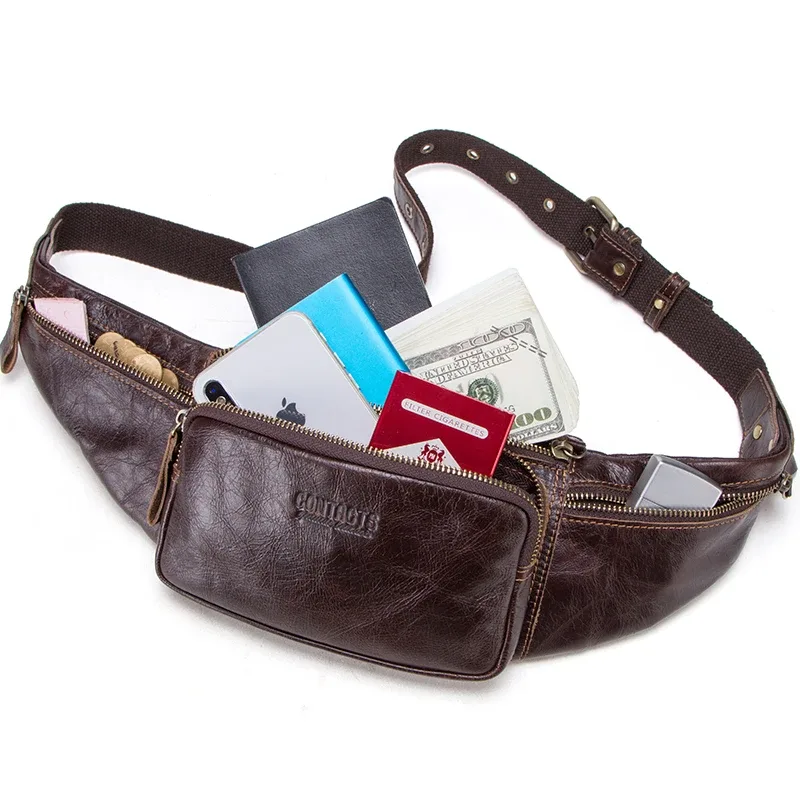fissuract's-sac banane en cuir véritable pour hommes, sacs de ceinture, sacs de voyage, sacs à main de qualité masculine, sac à bandoulière, poudre de téléphone