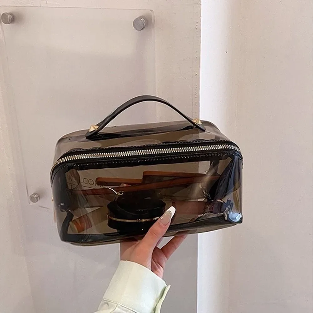 grande trousse de maquillage transparente en forme d'oreiller avec fermeture éclair, sac de toilette pour femme, imperméable, poignée supérieure, sacs de toilette transparents