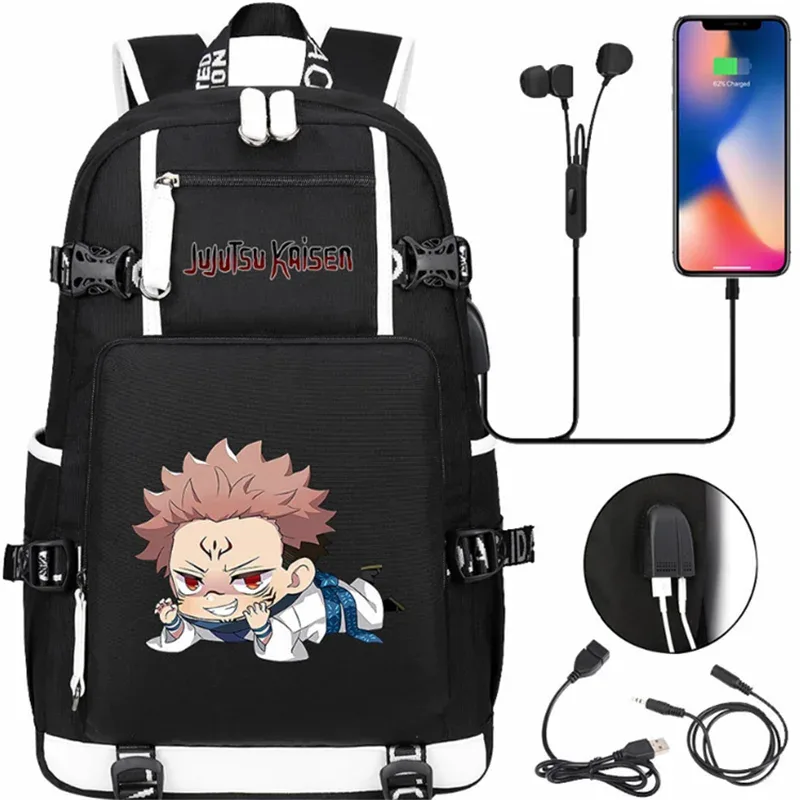 jujutsu kaimmer-sacs à dos college pour hommes et femmes, cartable anime pour adolescents, port de charge usb décontracté, sacs d'extérieur pour ordinateur portable, noir, mochila