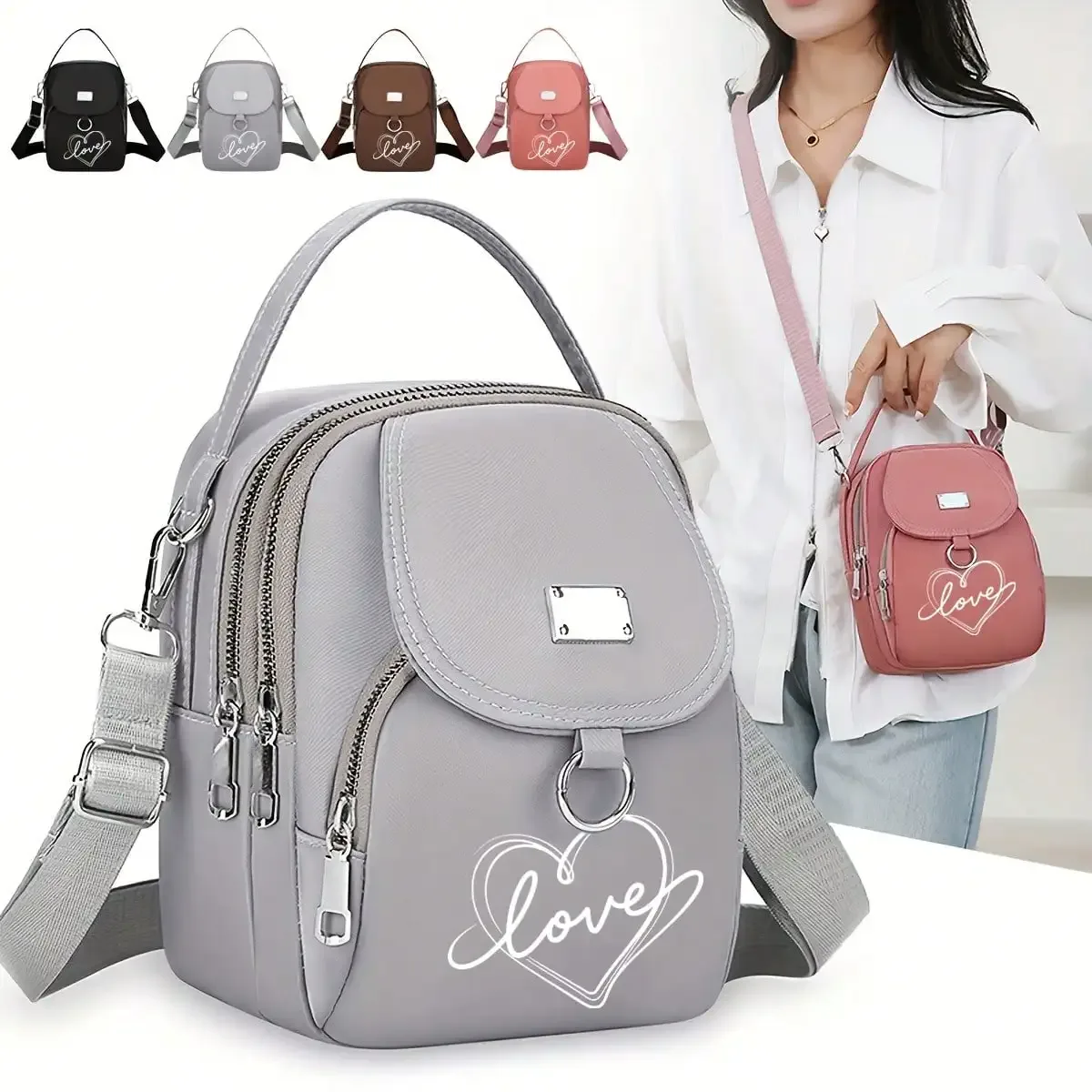 1pc coeur amour imprimé sac à bandoulière femmes décontracté Mini sac à bandoulière réglable bonne capacité petit sac à main filles sac à bandoulière