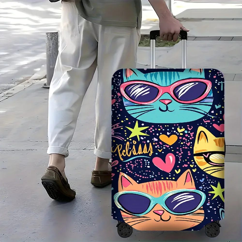 housse valise polyester joyeuse chats lunettes coeurs étoiles fleurs fond noir protection voyage taille variable