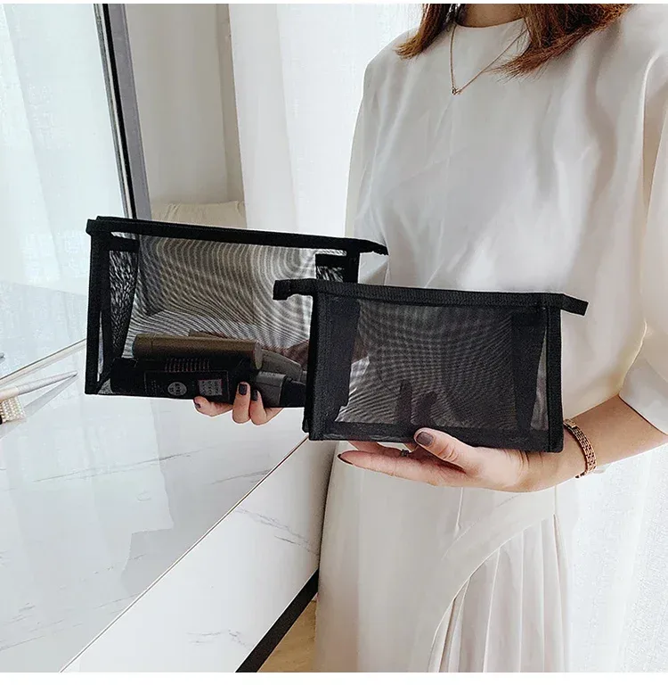 sacs à cosmétiques transparents en maille, 1 à 6 pièces, petits et grands organisateurs de maquillage noirs, trousse de toilette de voyage, ensemble de pochettes de rangement portables pour rouge à lèvres
