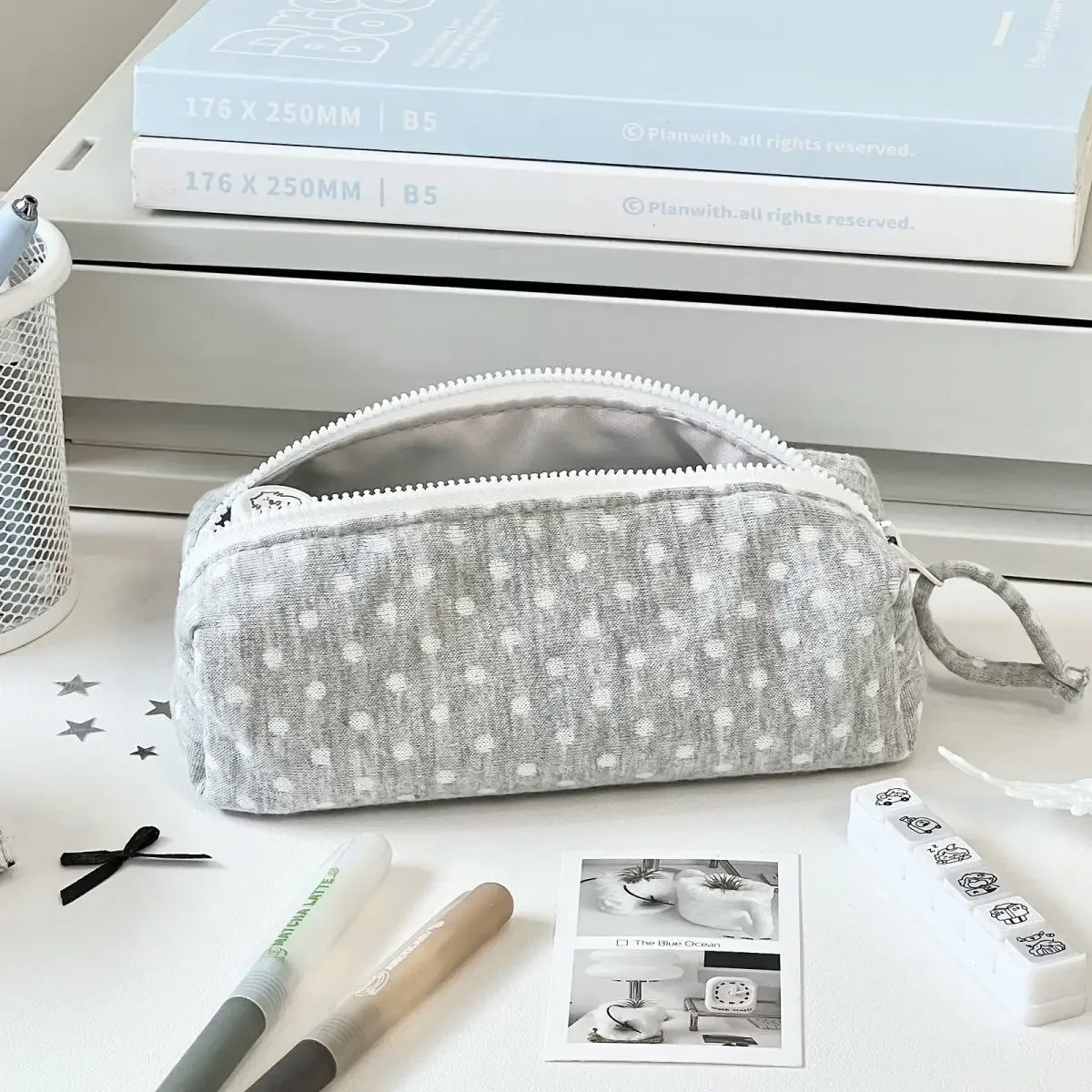 trousse de maquillage de voyage pour femmes, étui cosmétique grande capacité, trousse à crayons pour étudiants, pochette au style coréen minimaliste à pois