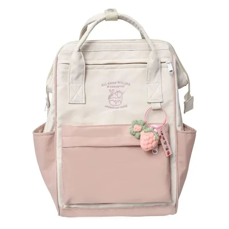 sac dos nylon pastel beige violet bandoulière ouverte motif fruits poche avant voyage loisirs