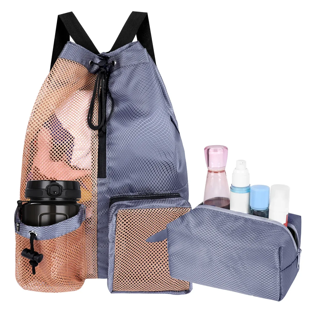 Sac de bain en maille avec cordon de serrage, sac à dos de plage polyvalent avec poche humide pour la natation, la salle de sport et l'équipement d'entraînement