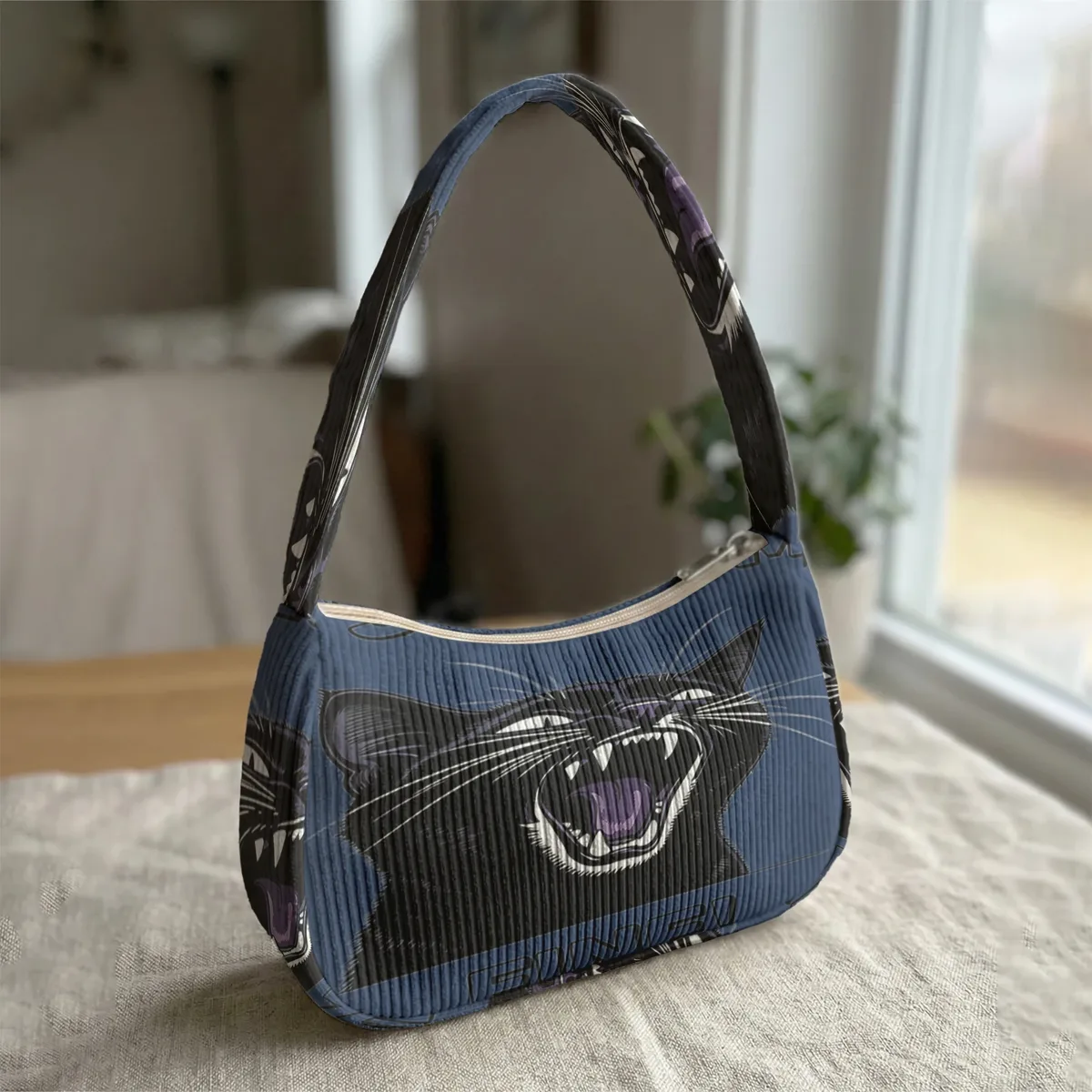 sac à bandoulière tendance imprimé chat noir en colère, sac sous le bras en velours côtelé pour un usage quotidien décontracté