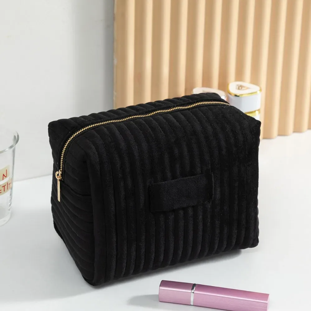 sac de maquillage en velours multi-usages, rayé, matelassé, au toucher doux, trousse de toilette grande capacité, sac cosmétique de voyage