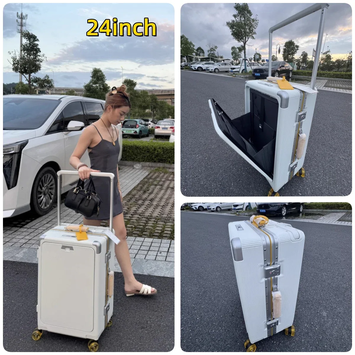 valise à roulettes de poche à ouverture avant, cadre en aluminium, valise à roulettes à poignée large avec roues silencieuses colorées et prise de chargement usb