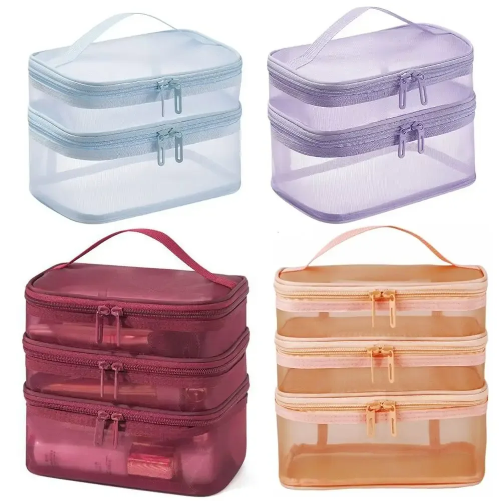 sac de voyage transparent en maille pour cosmétiques, sac de rangement de grande capacité, organisateur de maquillage, étui à maquillage à 2/3 couches, pour la gym et la natation