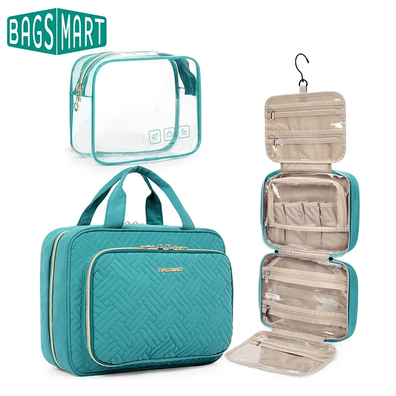 trousse toilette pvc turquoise géométrique bandes dorées poignée amovible compartiments zips voyage cosmétiques maquillage
