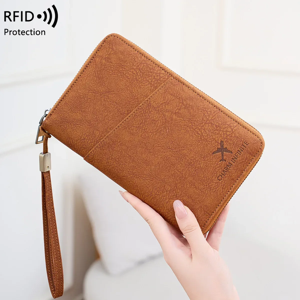 sac de passeport multifonctionnel bloquant rfid, porte-documents de voyage avec portefeuille de rangement de billets à longue fermeture éclair pour plusieurs passeports