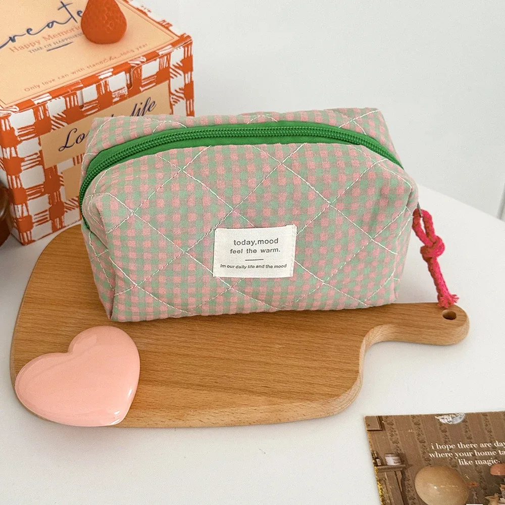 trousse polyester décontractée plaid violet rose orange bleu beige noir géométrique voyage cosmétique toile douce