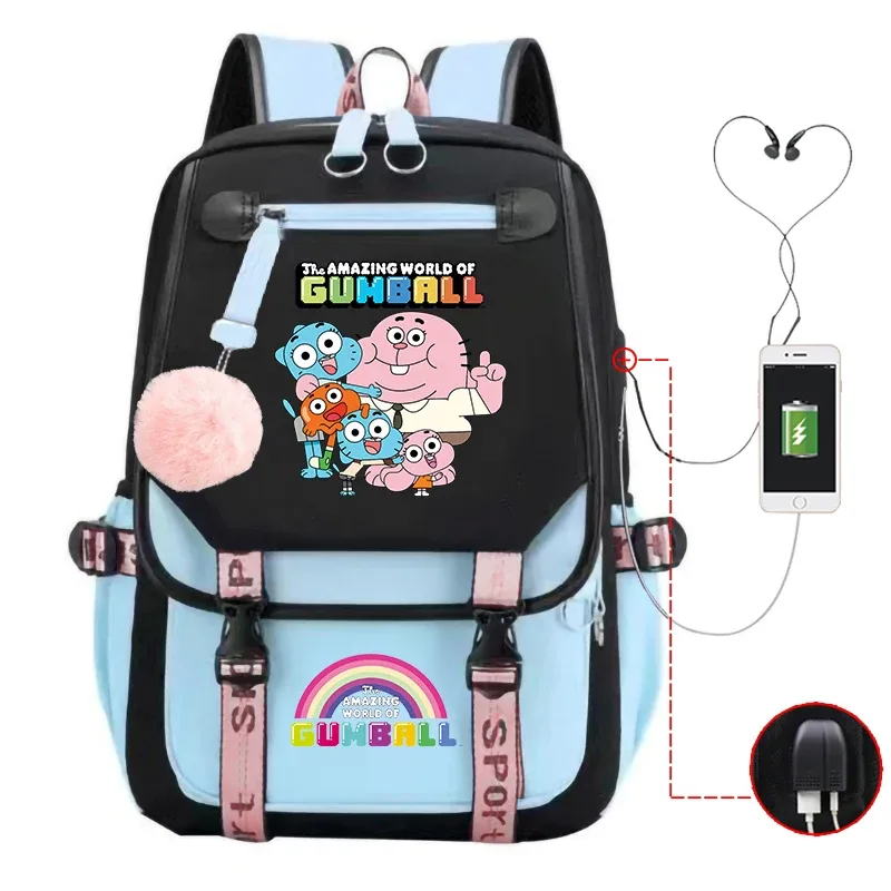 sacs d'école pour adolescentes, sac à dos imprimé the amazing world of gumball, sac à dos de voyage de grande capacité avec port usb