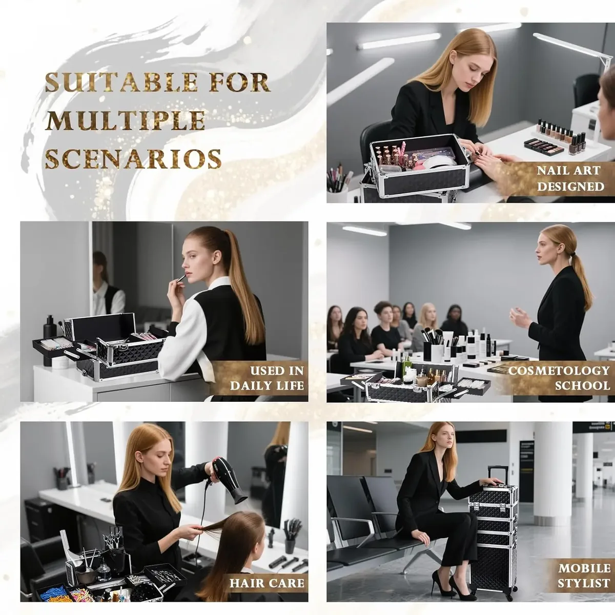 valise de maquillage professionnelle sur roulettes 4 en 1, cadre en aluminium, valise rigide pour cosmétologie sur roulettes, valise de voyage à roulettes avec clés, grande capacité, valise à roulettes avec 4 plateaux, valise de voyage pour tatouage, organisateur de cosmétiques et de vernis à ongles, boîte de rangement noire.