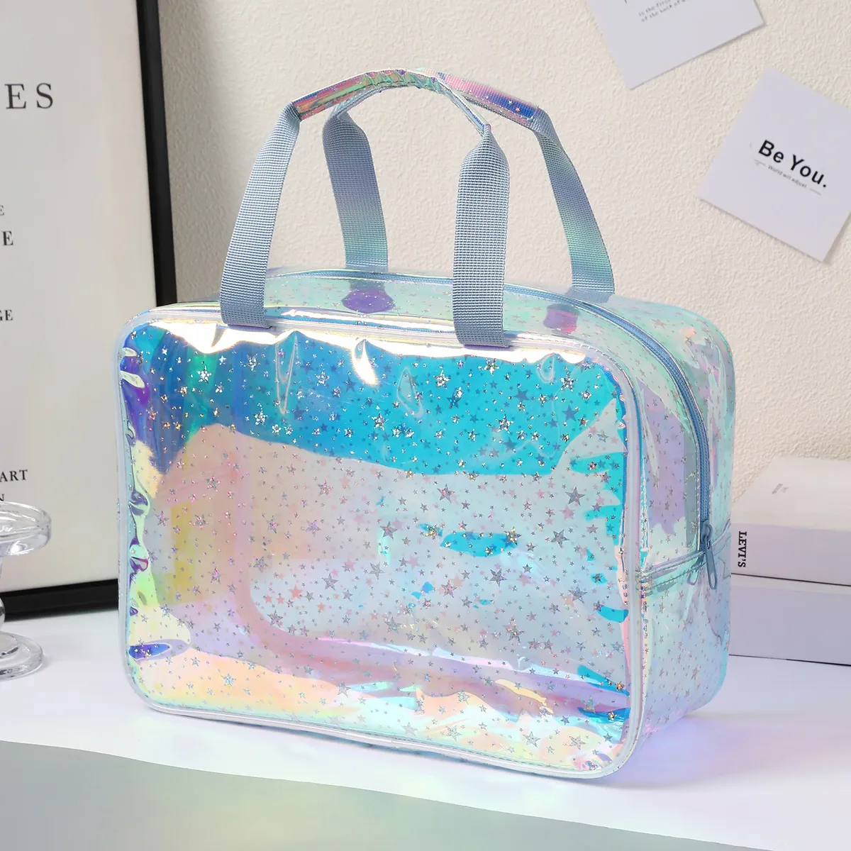 trousse de maquillage transparente grandes étoiles, avec sangle portable, trousse de toilette étanche en pvc, sac organisé pour cosmétiques, sac de voyage transparent