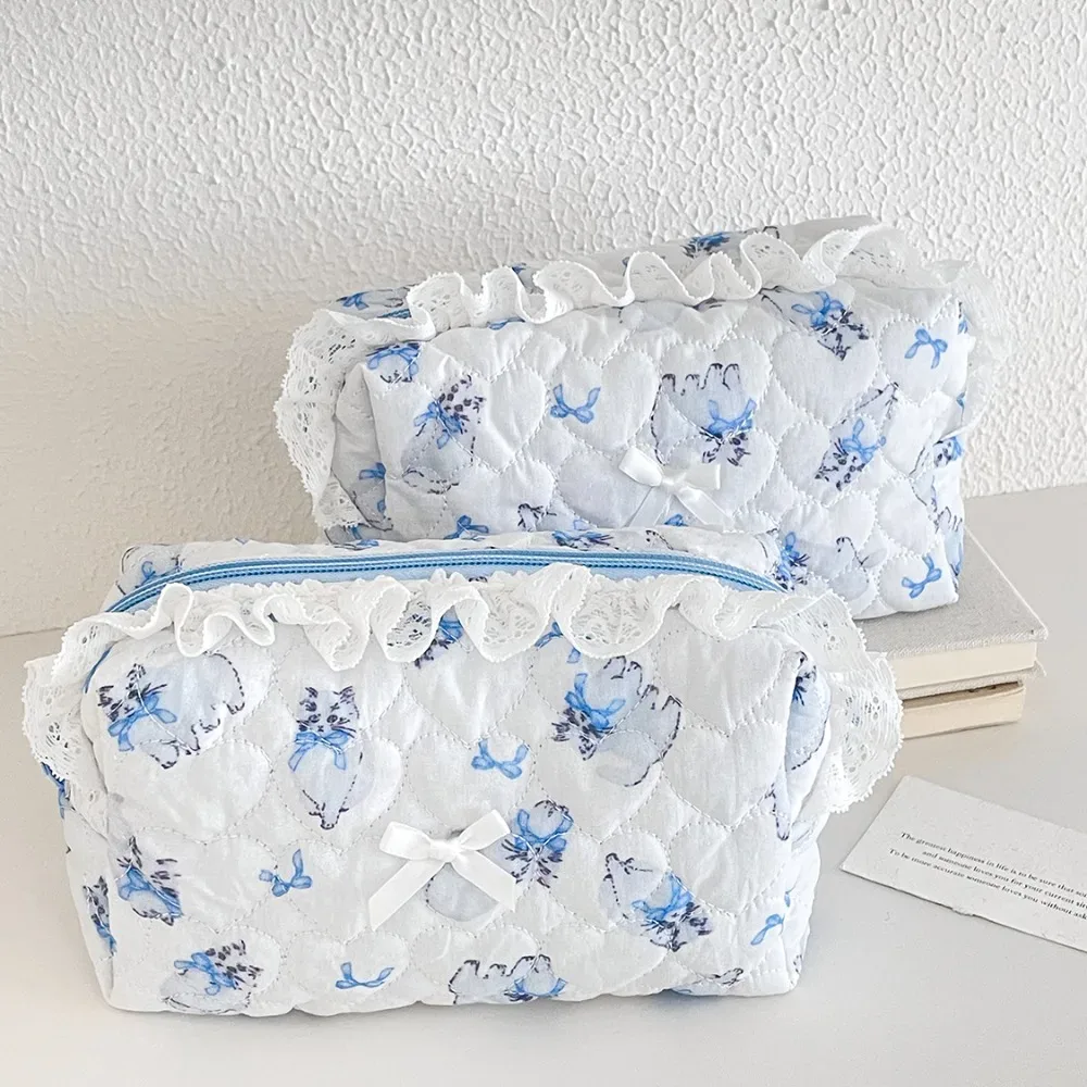 sac de maquillage en dentelle de chat de dessin animé pour femmes, organisateur de voyage, pochette cosmétique de toilette, sac de maquillage portable pour filles, vente en gros