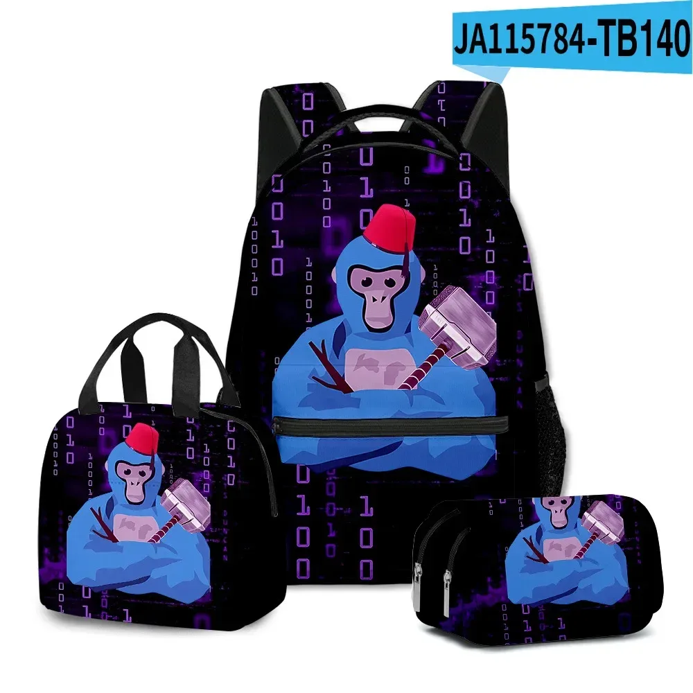 sac à dos d'école pour étudiants, sac à dos portable pour ordinateur portable, sac à déjeuner portable, trousse à crayons, imprimé 3d, motif gorilla classique, populaire et amusant, 3 pièces/ensemble