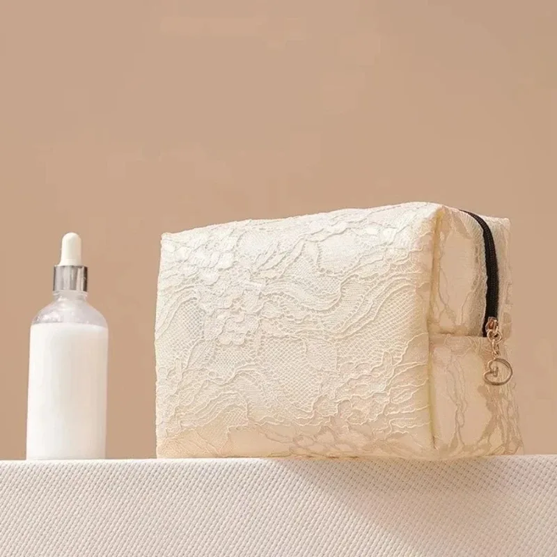 sac de maquillage en dentelle pour femmes, grande capacité, organisateur de cosmétiques et de bijoux, sac de toilette carré portable à fermeture éclair