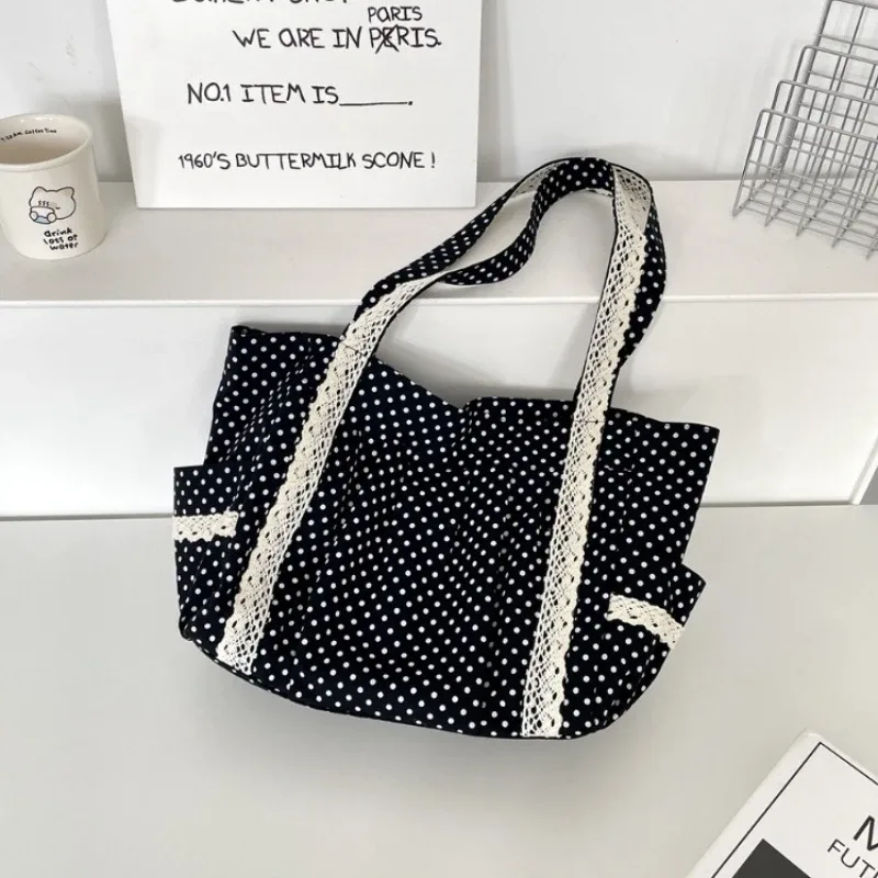 sac à bandoulière en dentelle pour femmes, niche douce, style coréen, vintage, sac à main en toile à pois, grande capacité, multi-poches, fourre-tout pour les déplacements