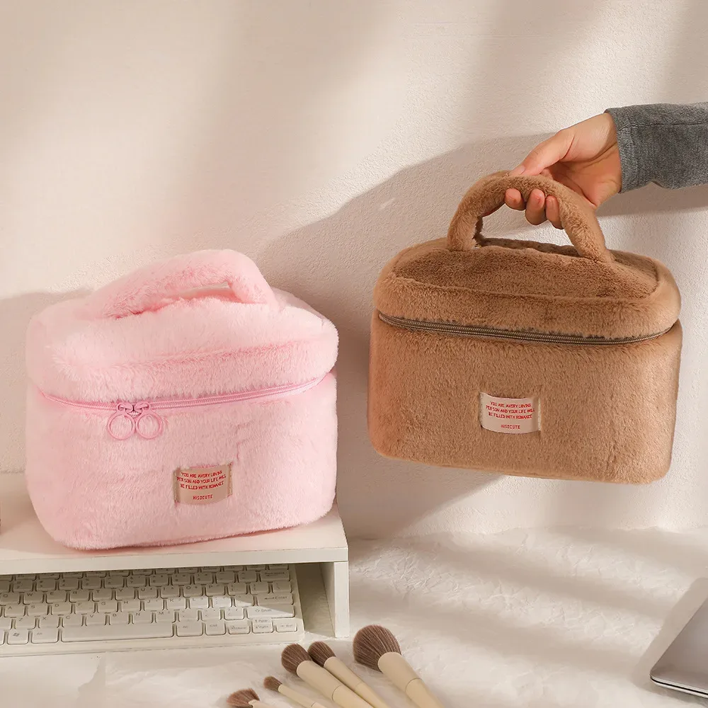 sacs de maquillage en peluche douce pour femmes, grande capacité, organisateur de cosmétiques quotidiens, fourre-tout de style simple, trousse de toilette de voyage, sac a main